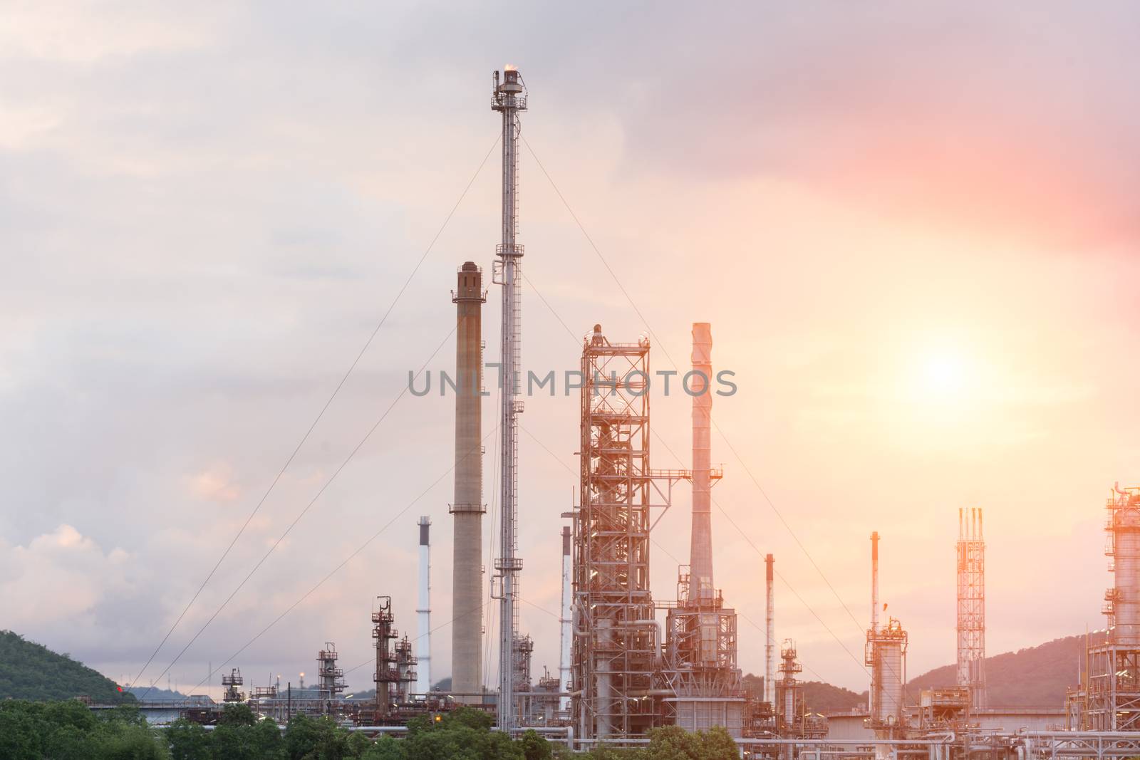 Oil Refinery factory in the morning and Sunrise, Petroleum, petrochemical plant