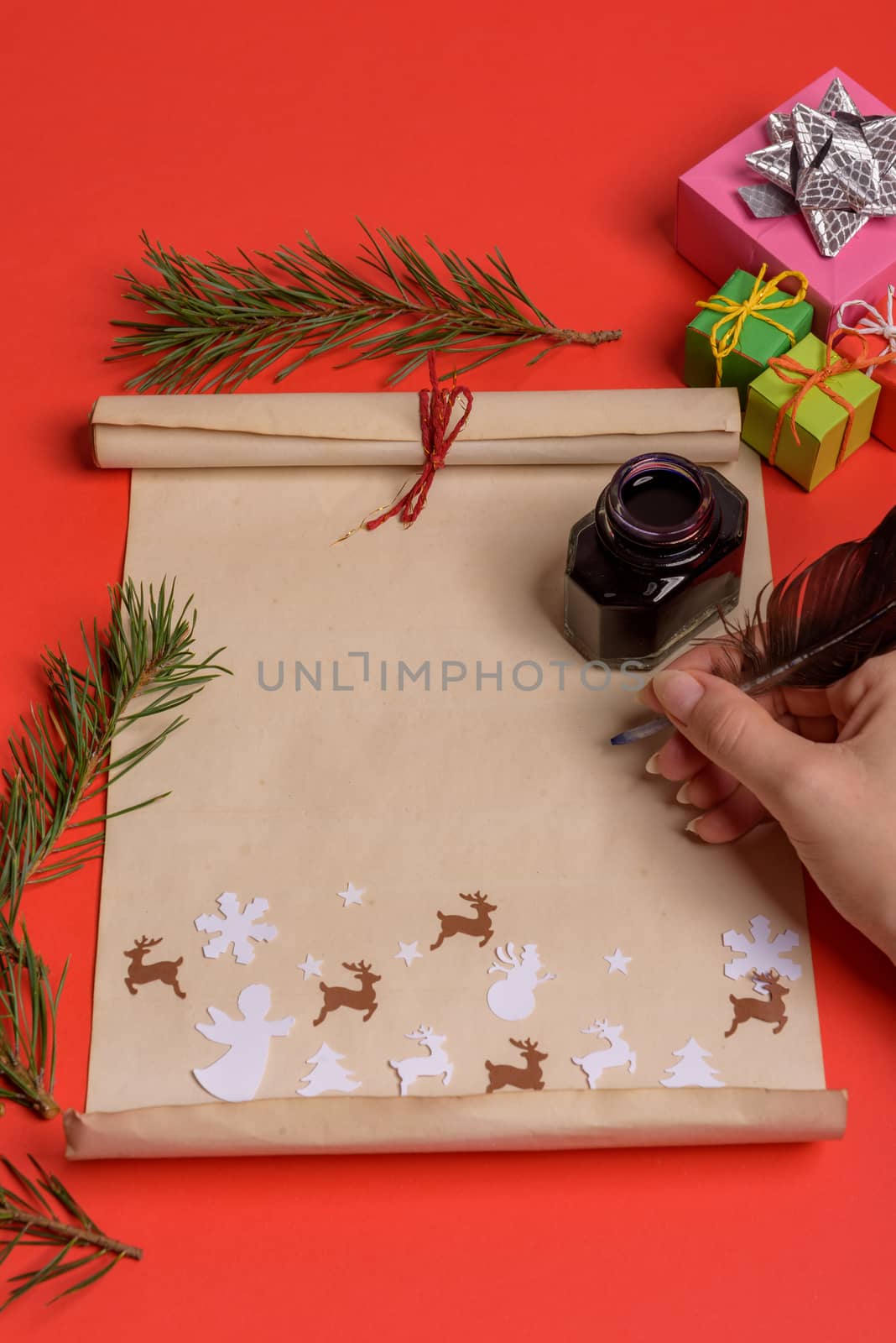 Empty letter for Santa Claus. Copy space. Red background