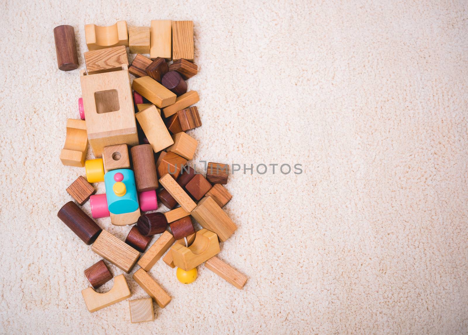 Building playing toy blocks wood for baby education with copy space