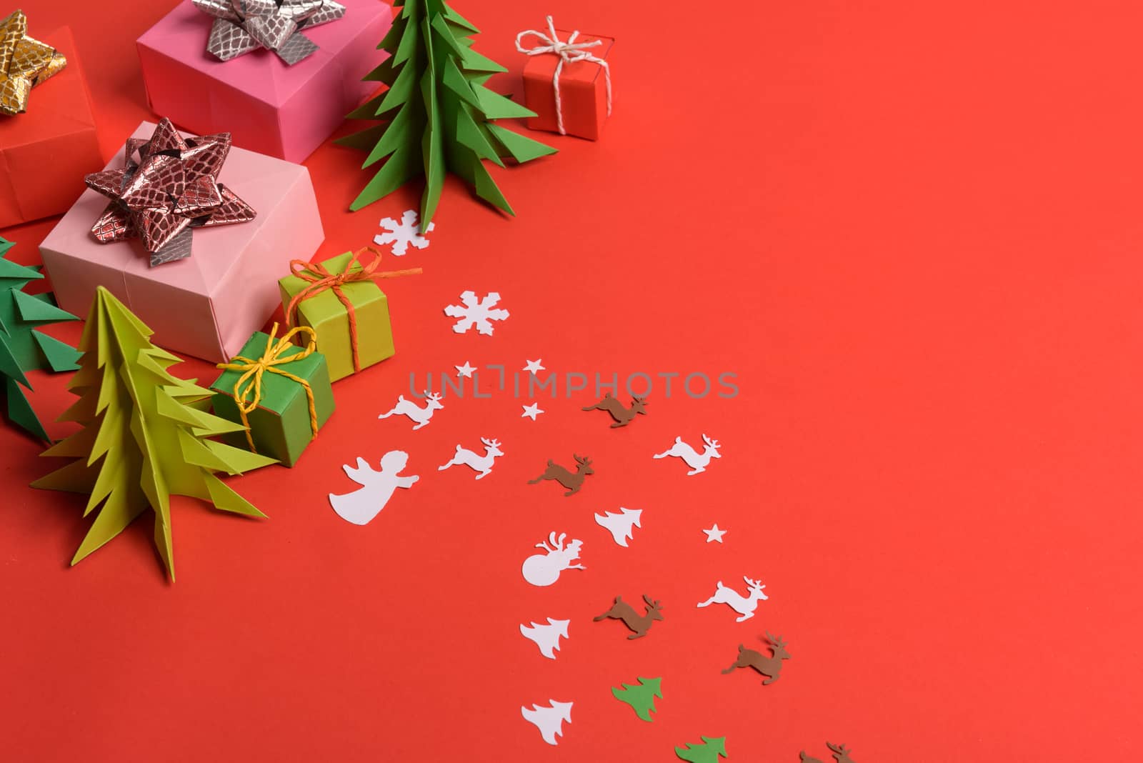 Christmas or New Year background, plain composition made of Xmas decorations and fir branches, flat lay, blank space for a greeting text.