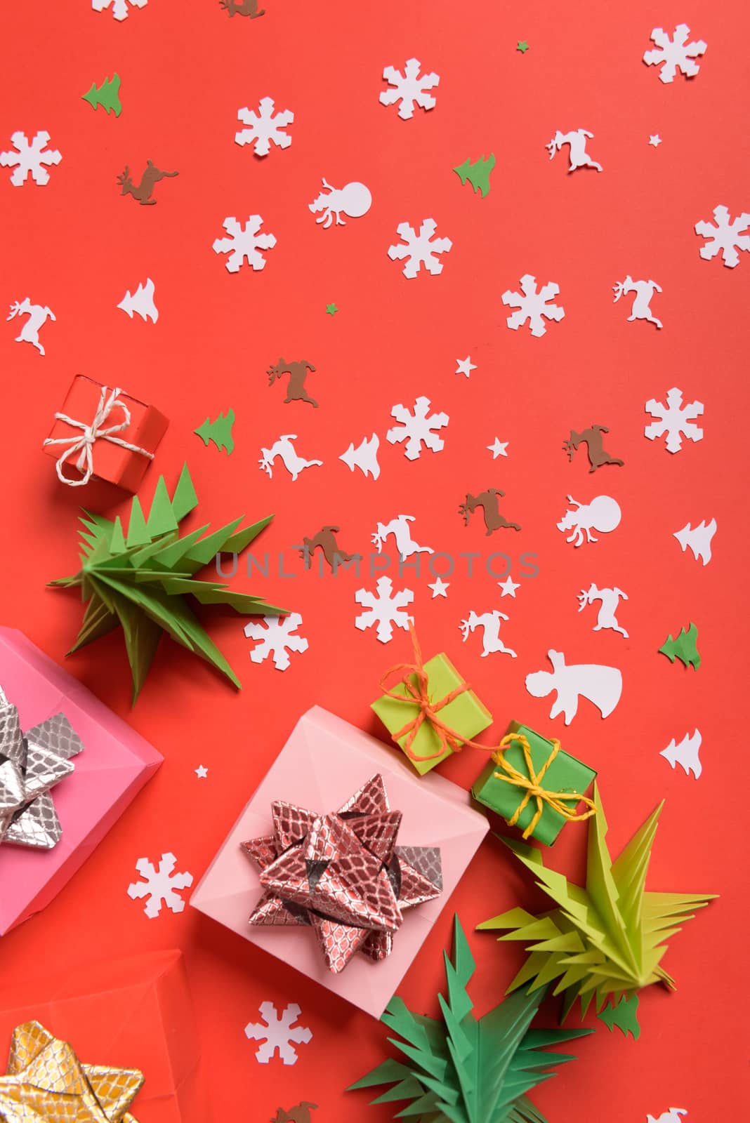 Christmas or New Year background, plain composition made of Xmas decorations and fir branches, flat lay, blank space for a greeting text.