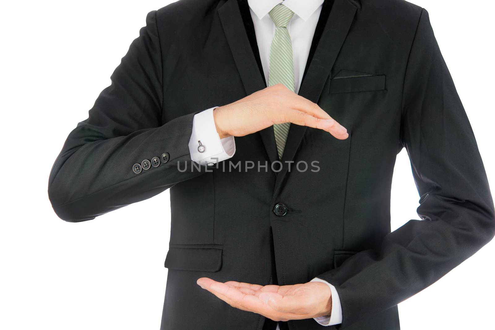 Businessman standing posture show hand isolated on over white background