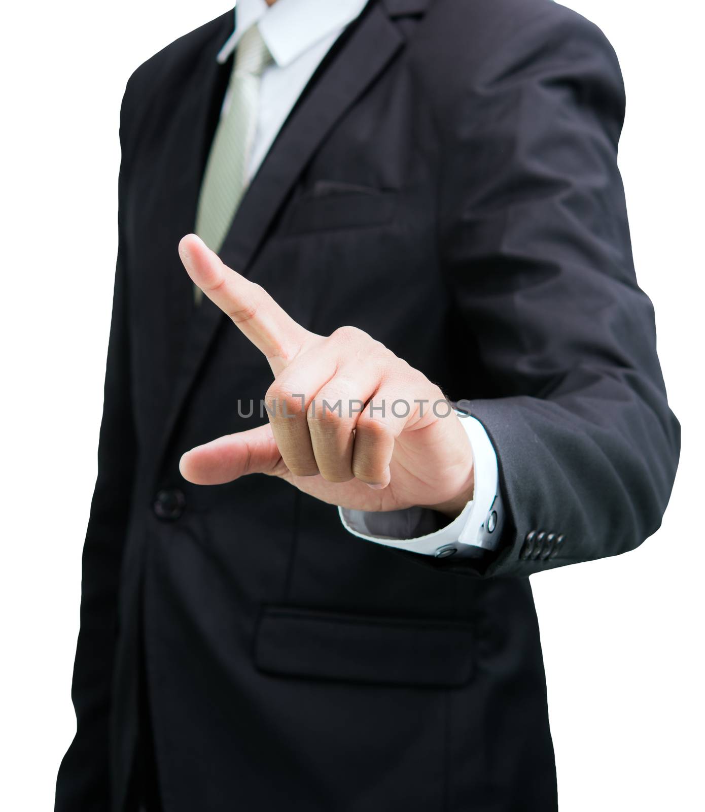 Businessman standing posture show hand isolated on over white background