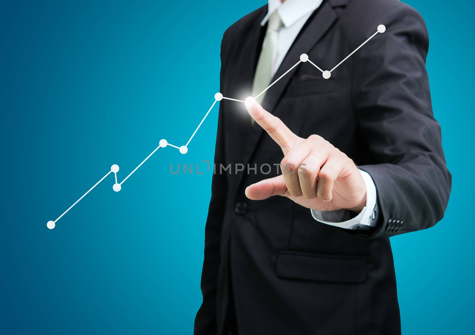 Businessman standing posture hand touch graph finance isolated on over blue background