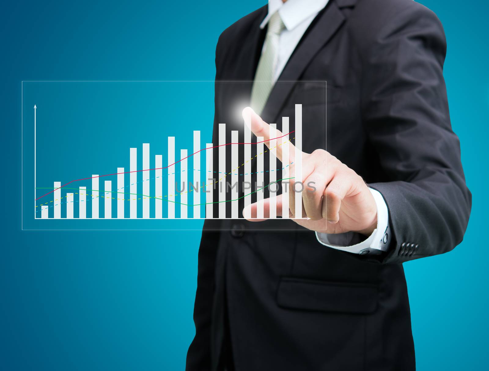 Businessman standing posture hand touch graph finance isolated on over blue background