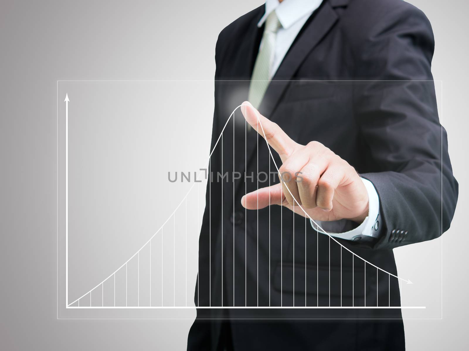 Businessman standing posture hand touch graph finance isolated on over gray background