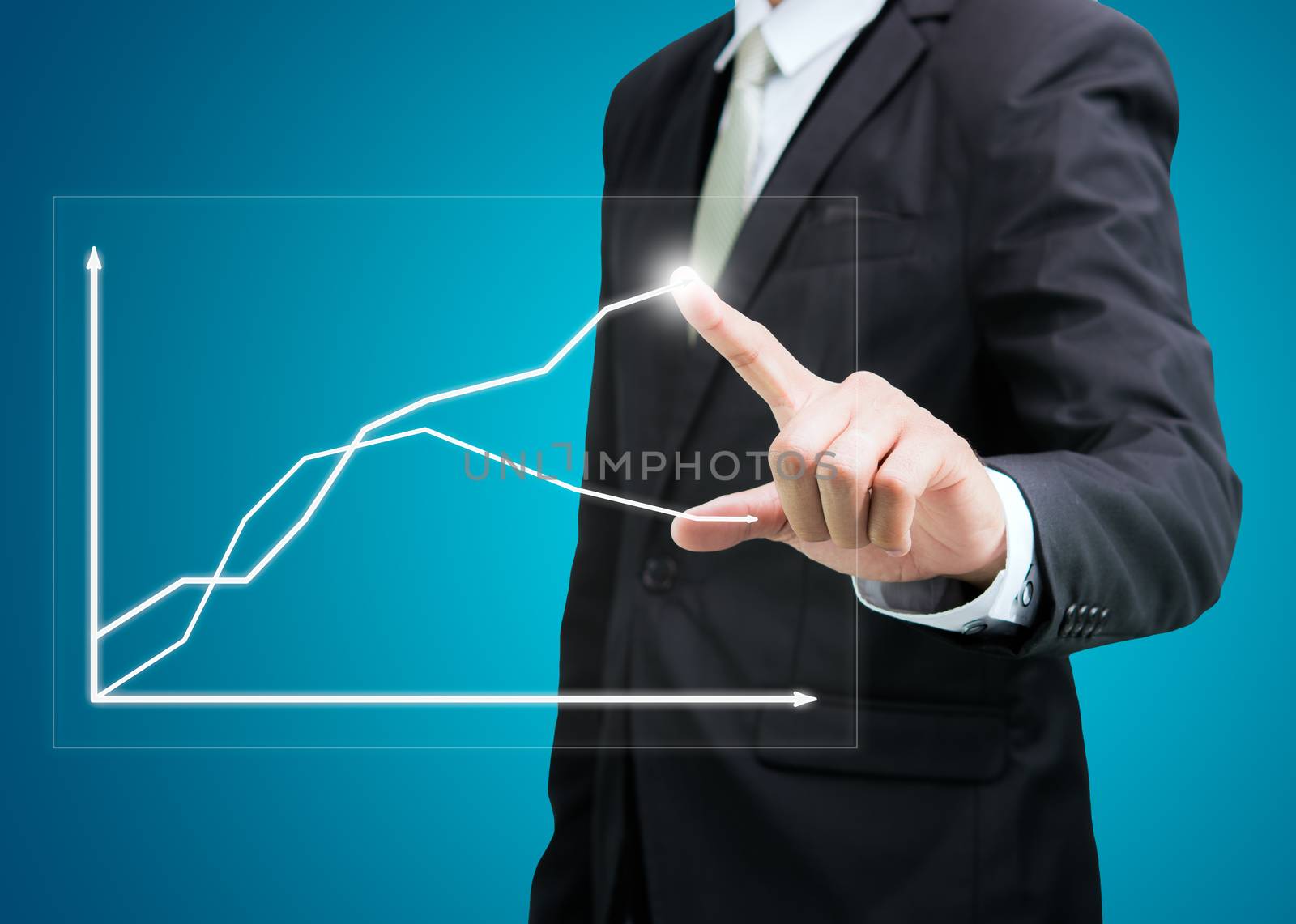 Businessman standing posture hand touch graph finance isolated on over blue background
