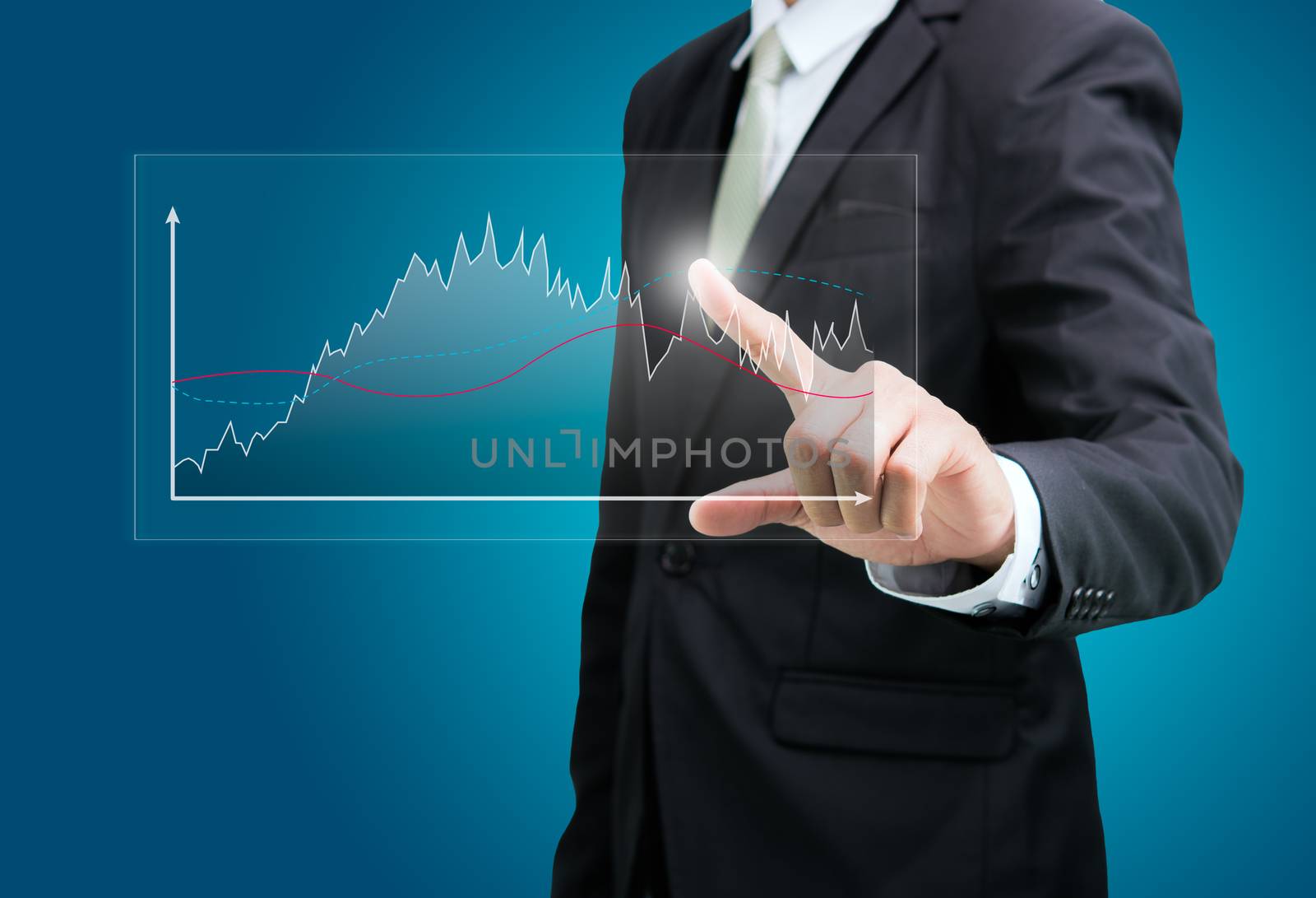 Businessman standing posture hand touch graph finance isolated on over blue background