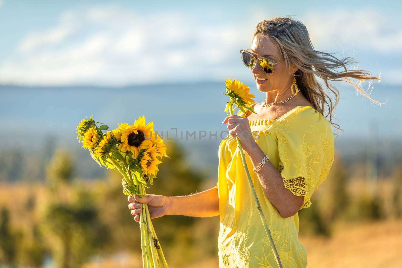 Happy woman holding bright yellow sunflowers, hair blowing in the wind in a rural landscape scene