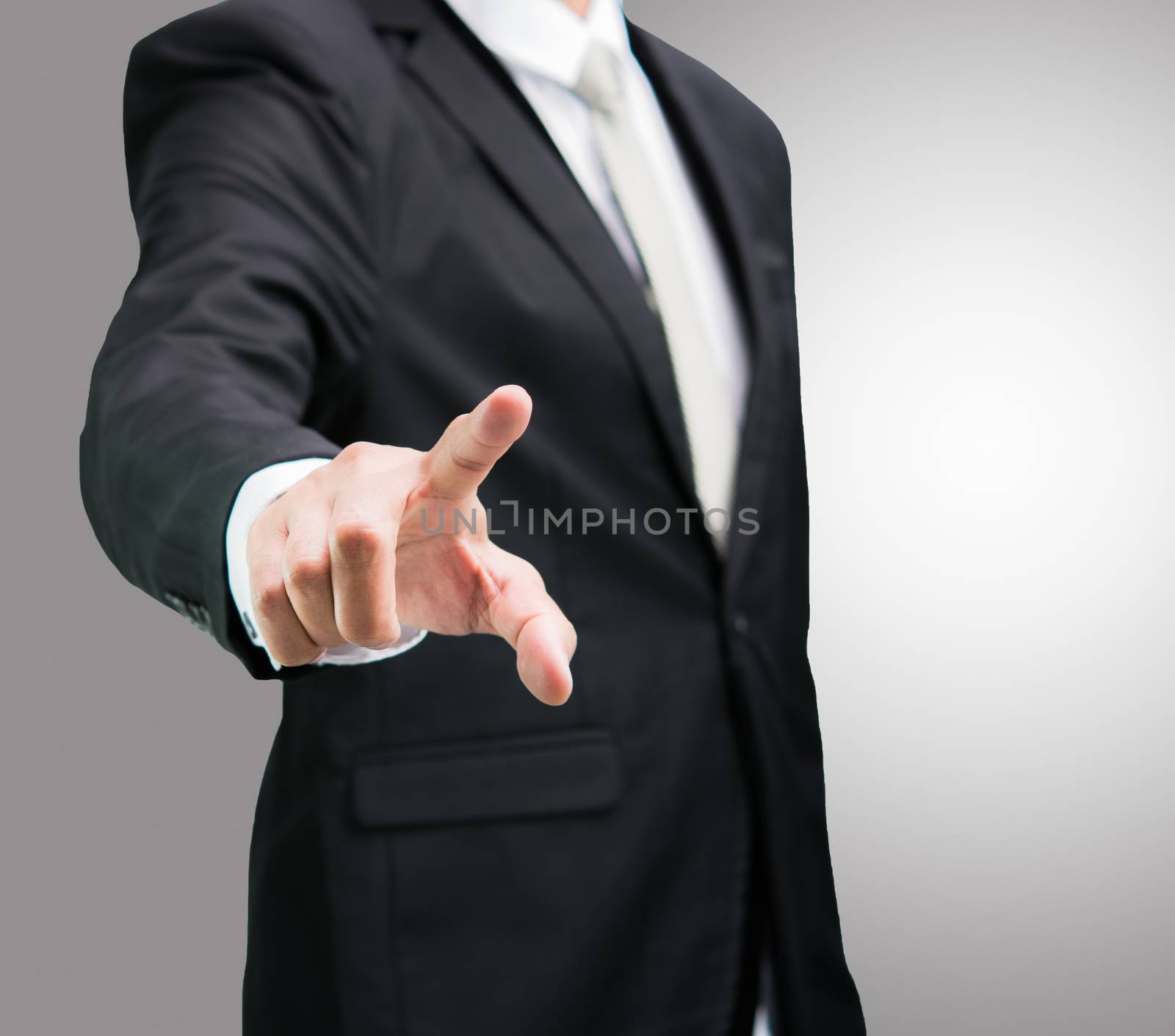 Businessman standing posture show hand isolated on over gray background