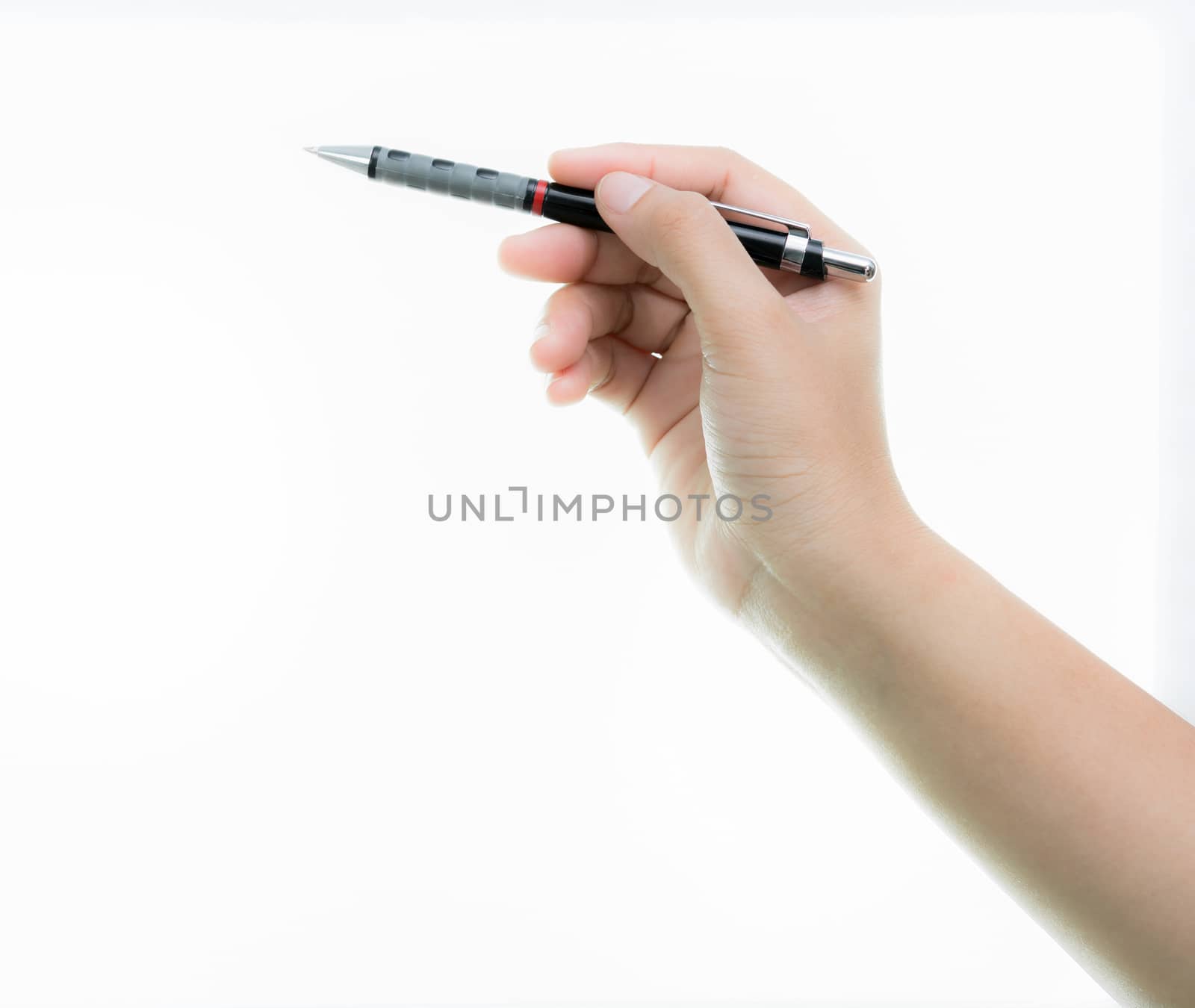 Hand is hold black pen ready for drawing Isolated on over white background.