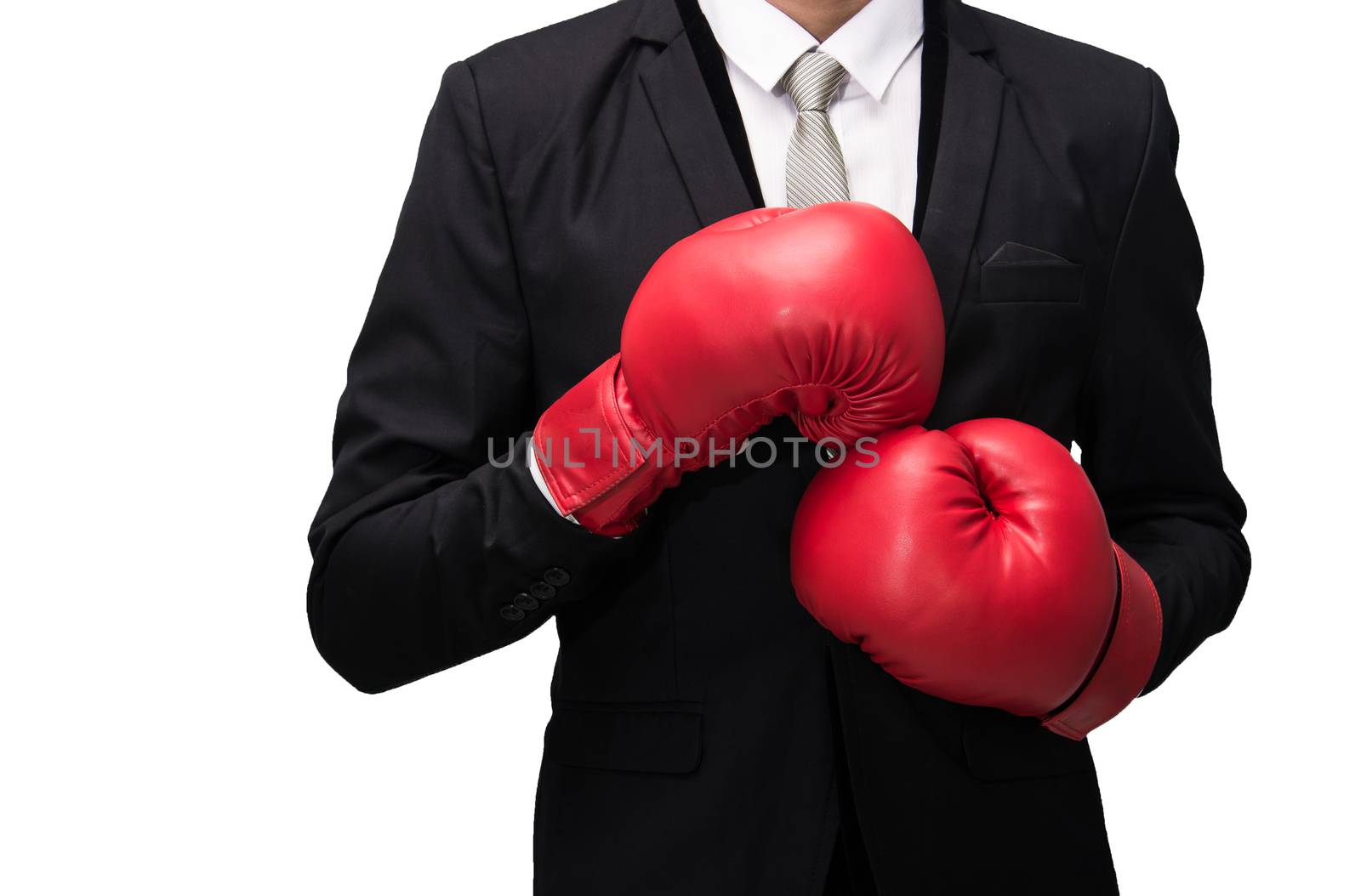 Businessman standing posture in boxing gloves isolated on over white background