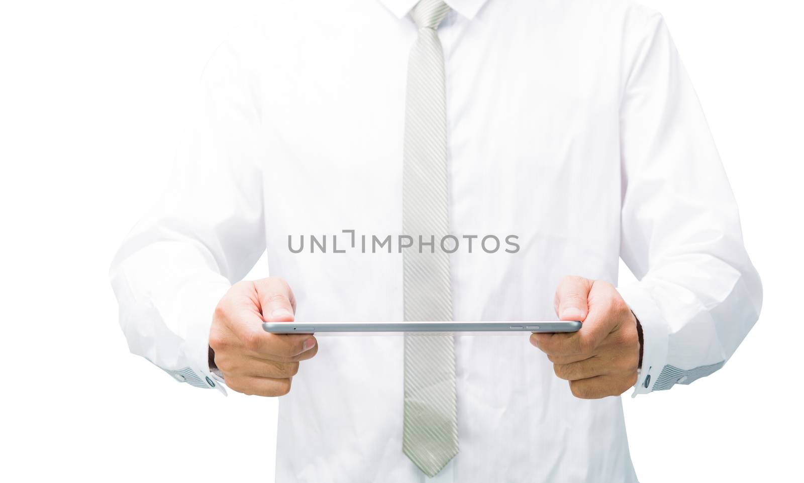 Businessman standing posture hand holding blank tablet isolated on over white background