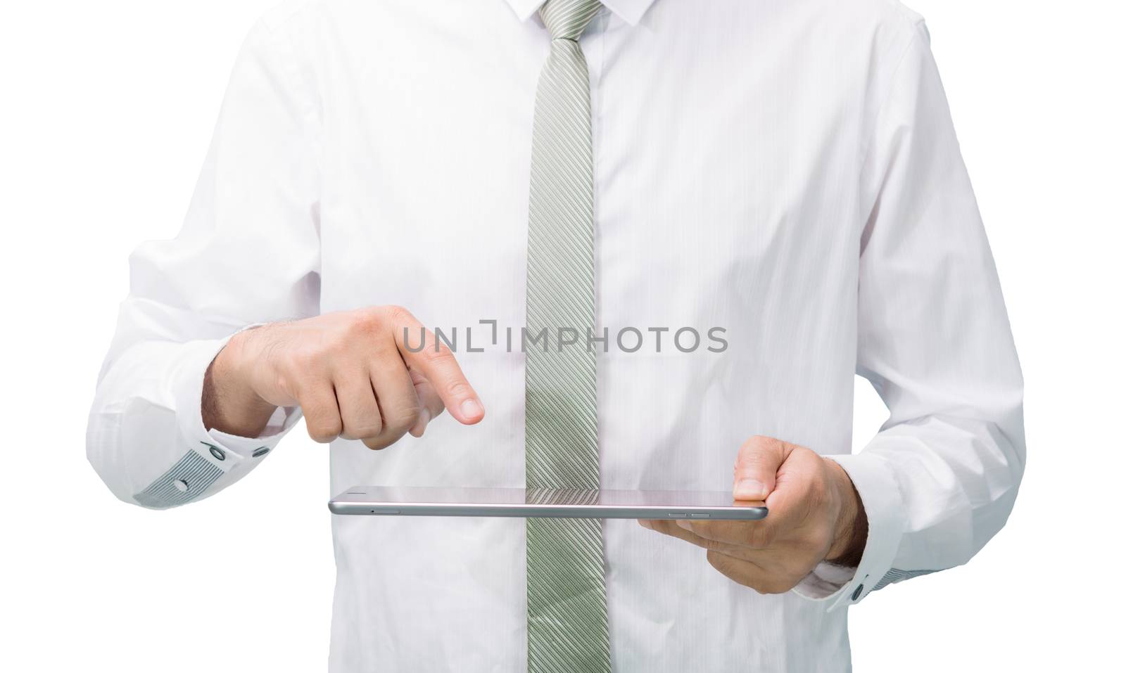 Businessman standing posture hand holding blank tablet isolated on over white background