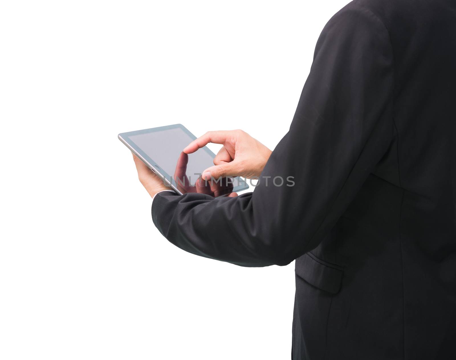 Businessman standing posture hand holding blank tablet isolated on over white background