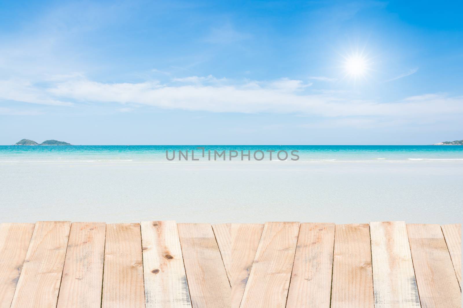 Beauty holiday wood terrace on beach blue sky