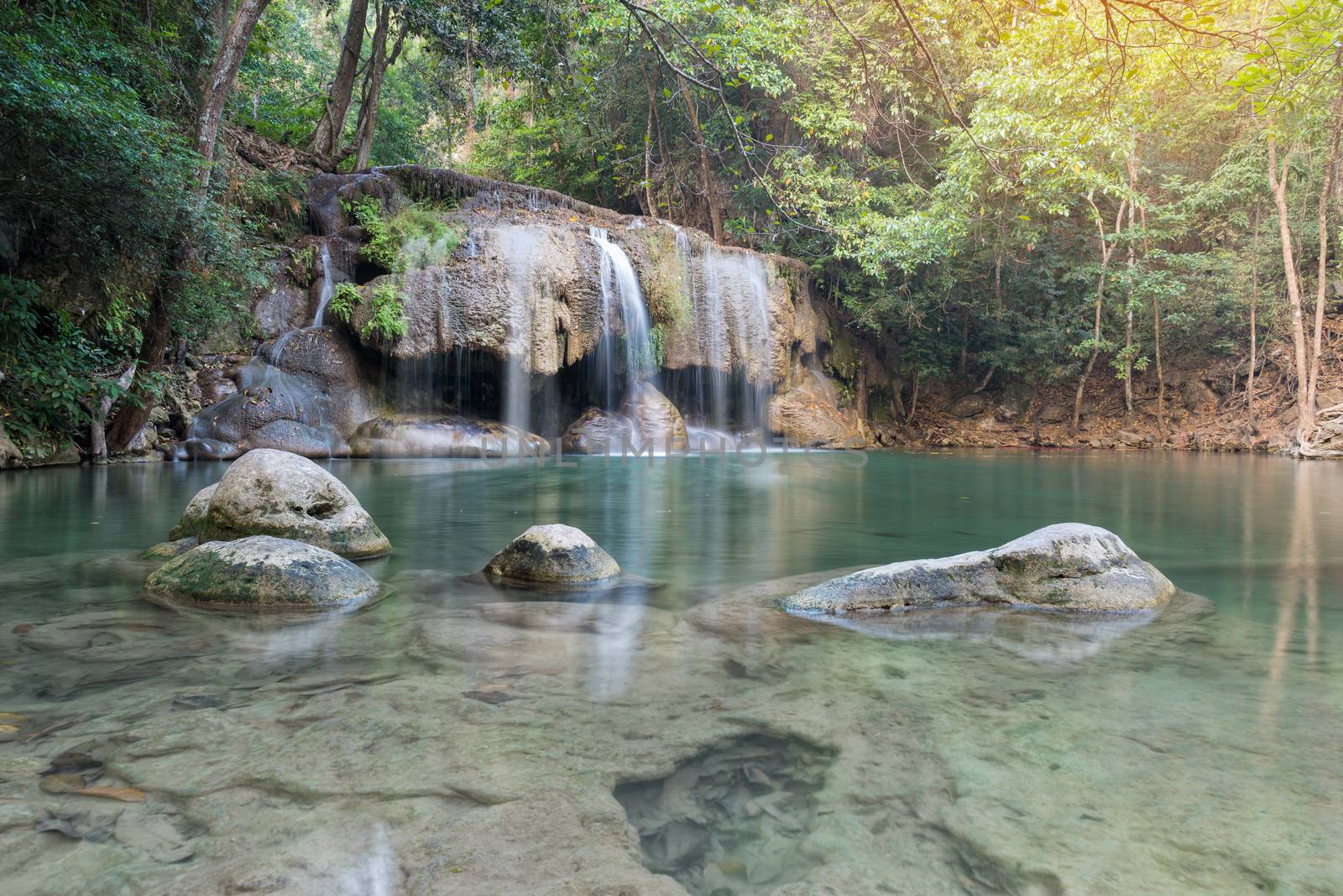 Waterfall erawan with rock Kanchanaburi of Thailand