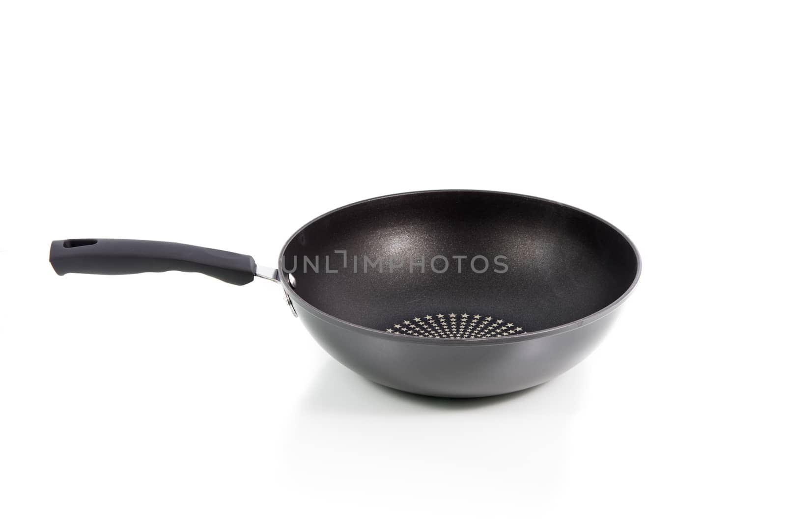 Closeup black frying pan isolated on over white background