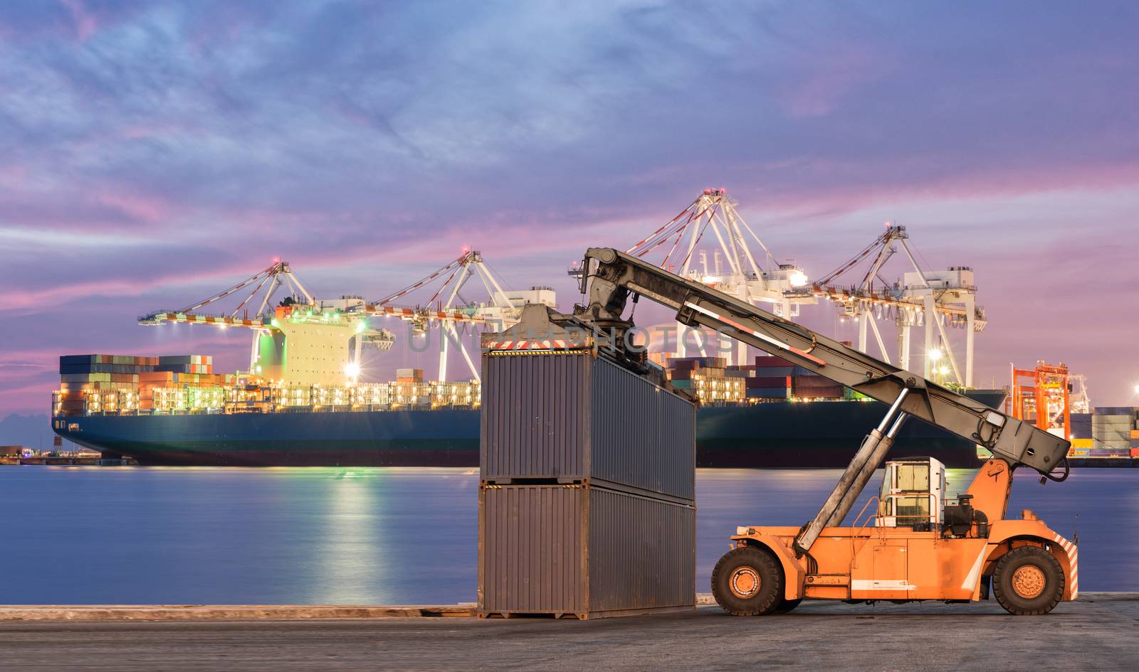 Forklift handling container box loading at port cargo