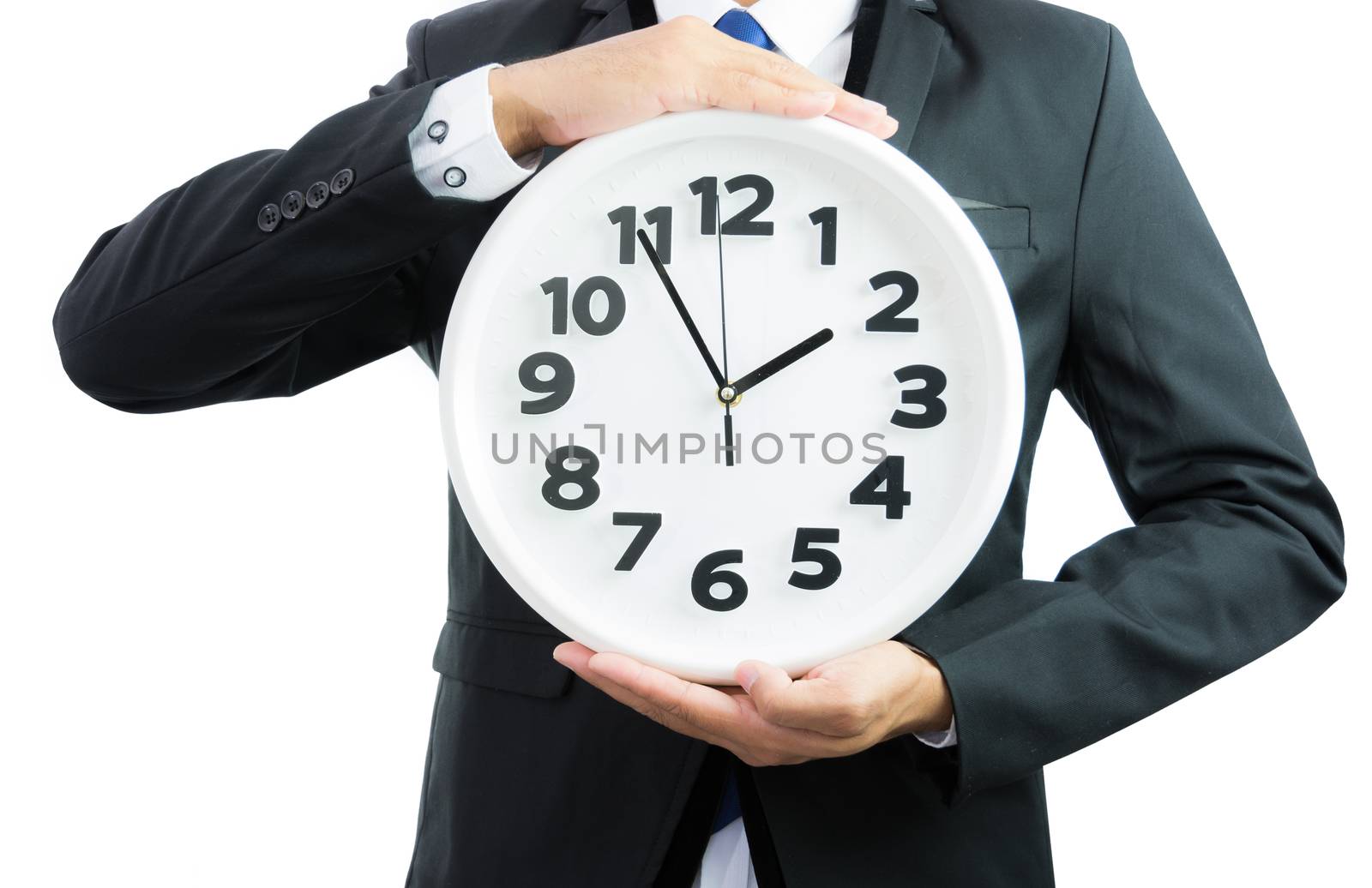 White clock holding in businessman hands isolated on over white background