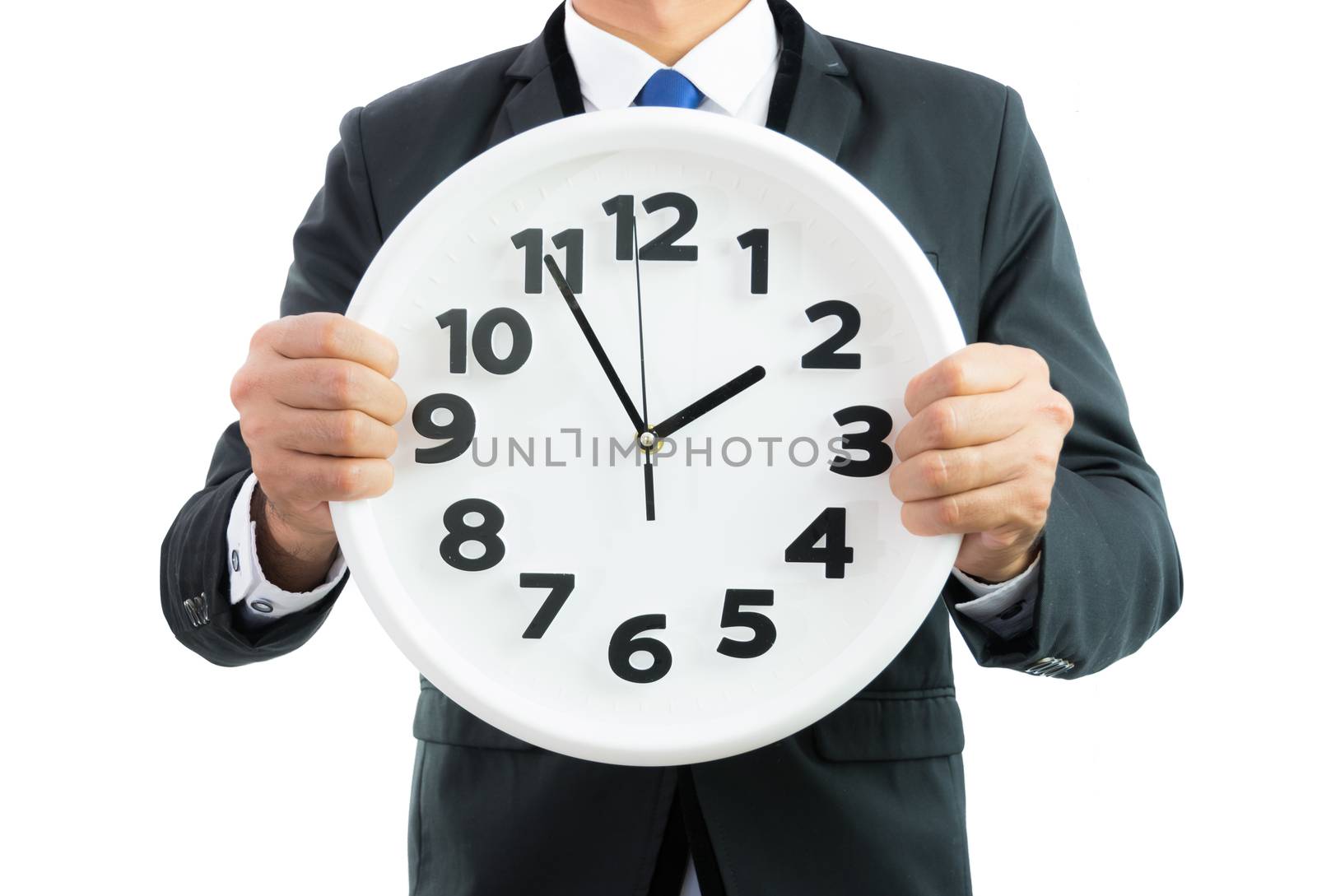 White clock holding in businessman hands isolated on over white background