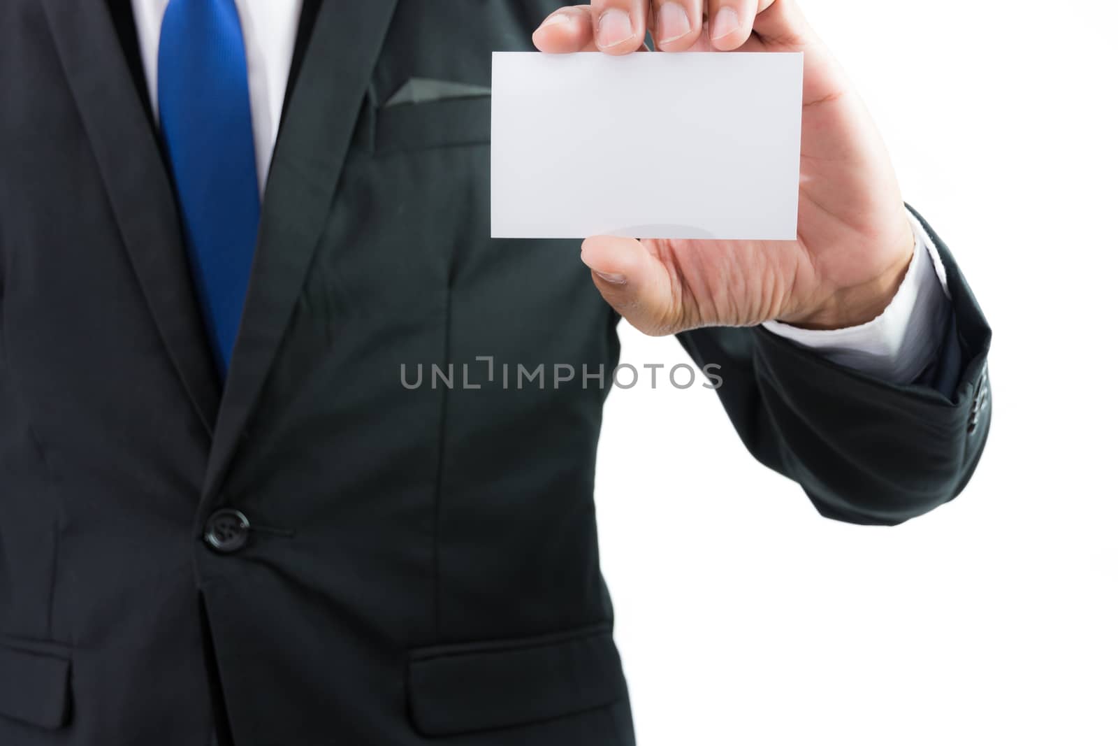Businessman hand showing business card or note paper isolate on over white background
