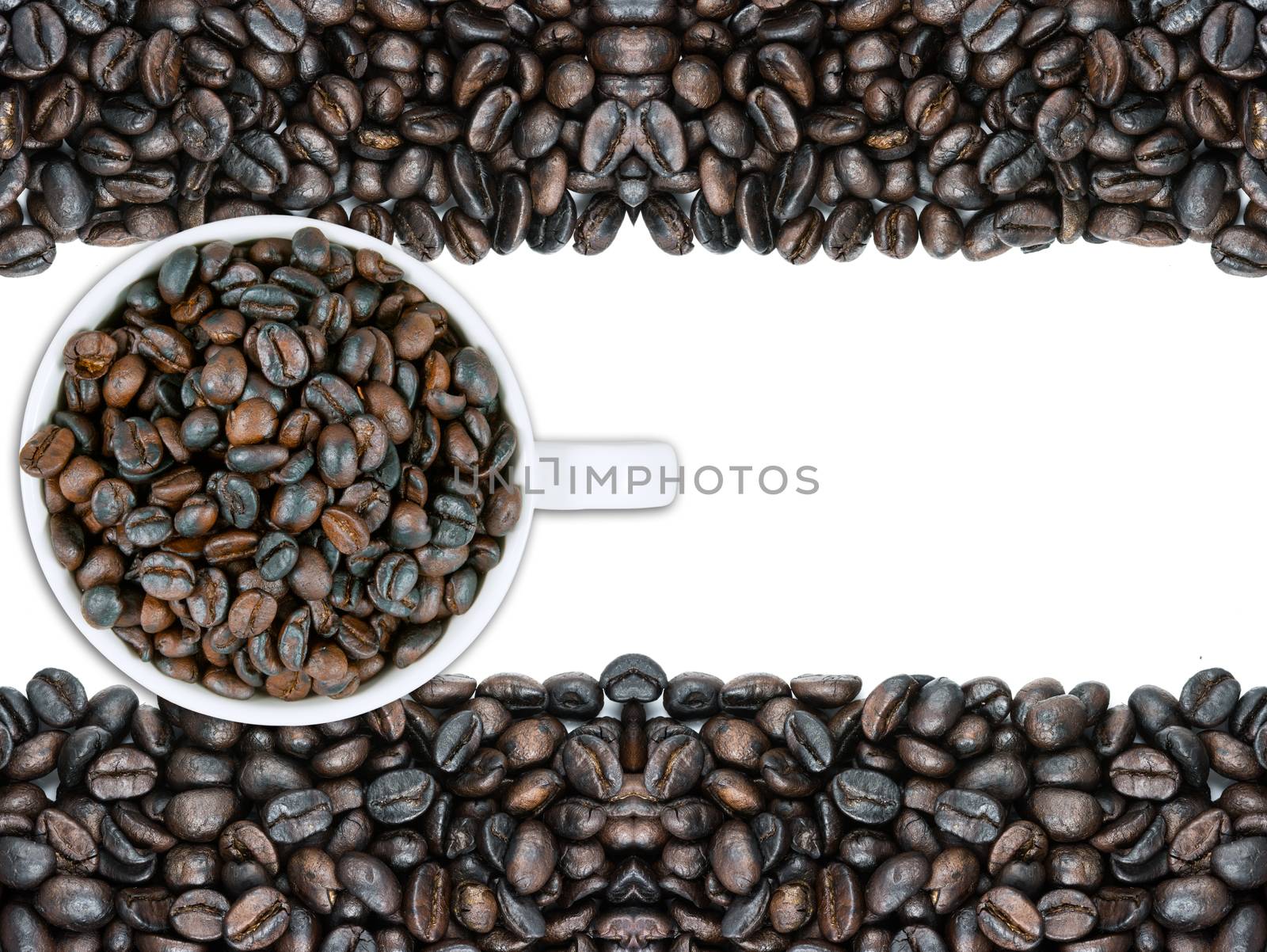 white coffee cup mug and beans on over white background