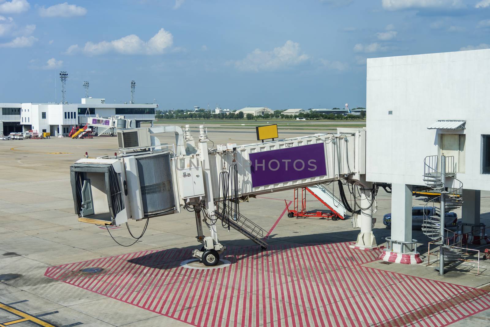 Cabin of plane with gate way passengers arrive on airport