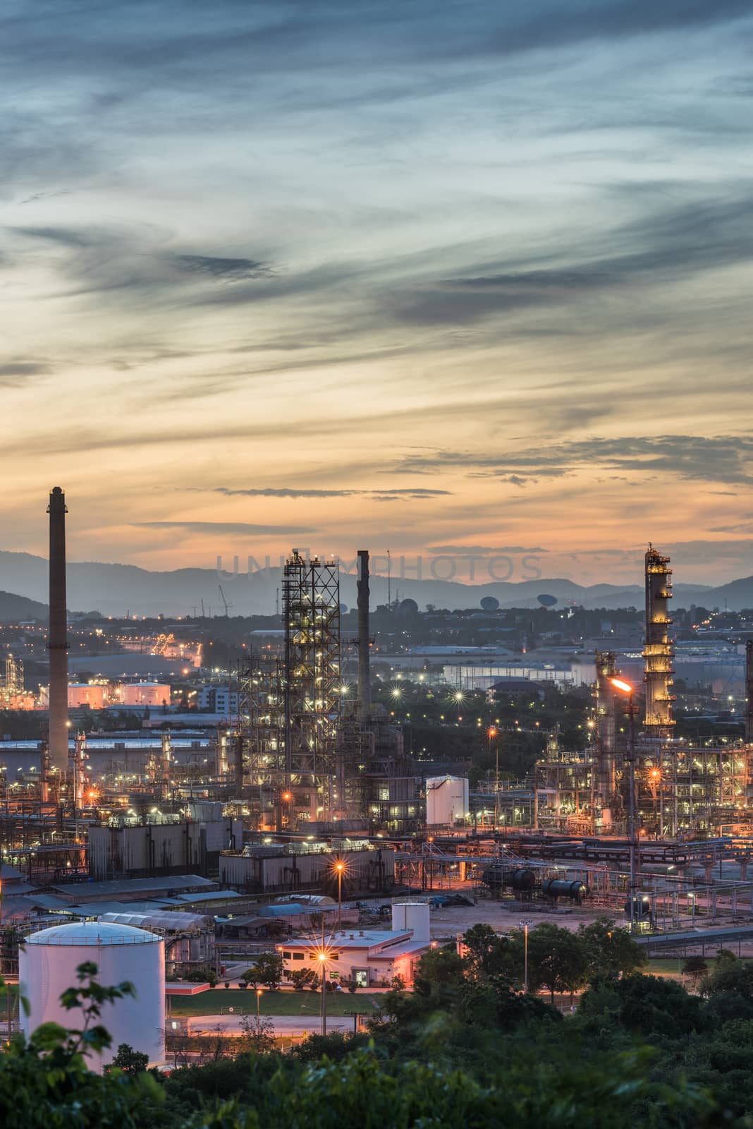 Oil Refinery factory in the morning and Sunrise, Petroleum, petrochemical plant