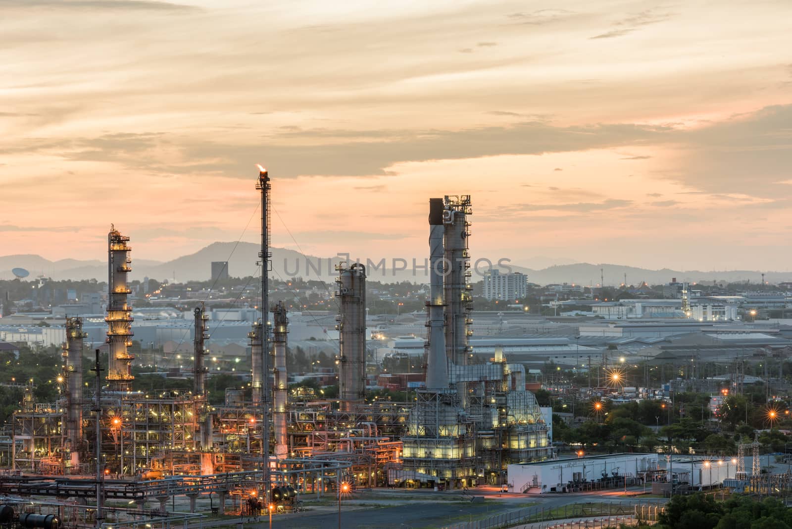 Oil Refinery factory in the morning and Sunrise, Petroleum, petrochemical plant