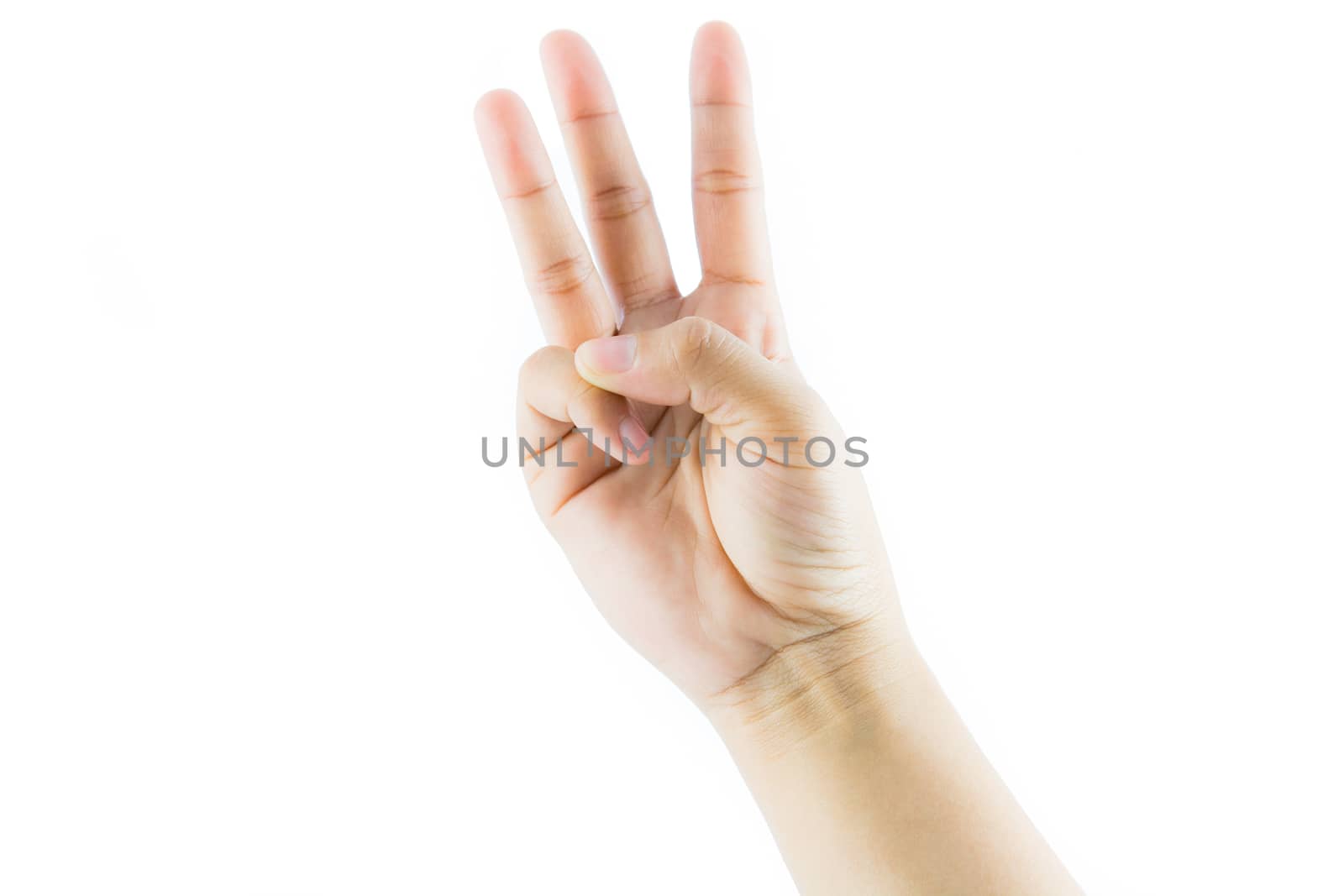 Hand gesture number three isolate on white background