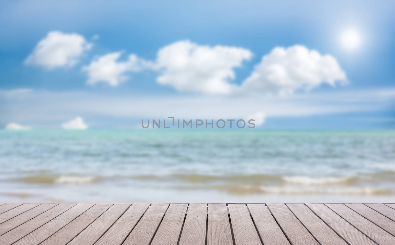 Beach Scene With Wooden Floor background can put or montage your products