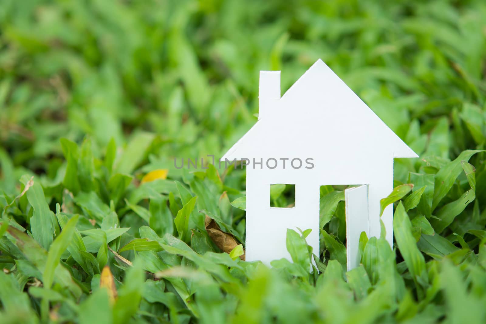 House white paper cut concept in green field background