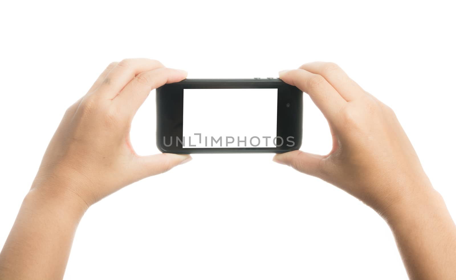 Woman hand holding black smart phone with blank screen, isolated on over white background