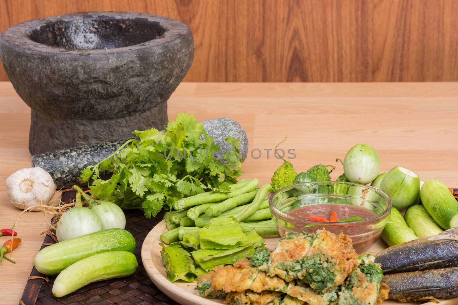 Chili paste and egg with fried mackerel, vegetable Thai food