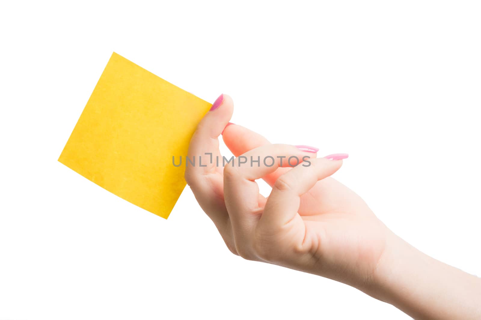 Woman hand holding blank yellow notepaper on over white background