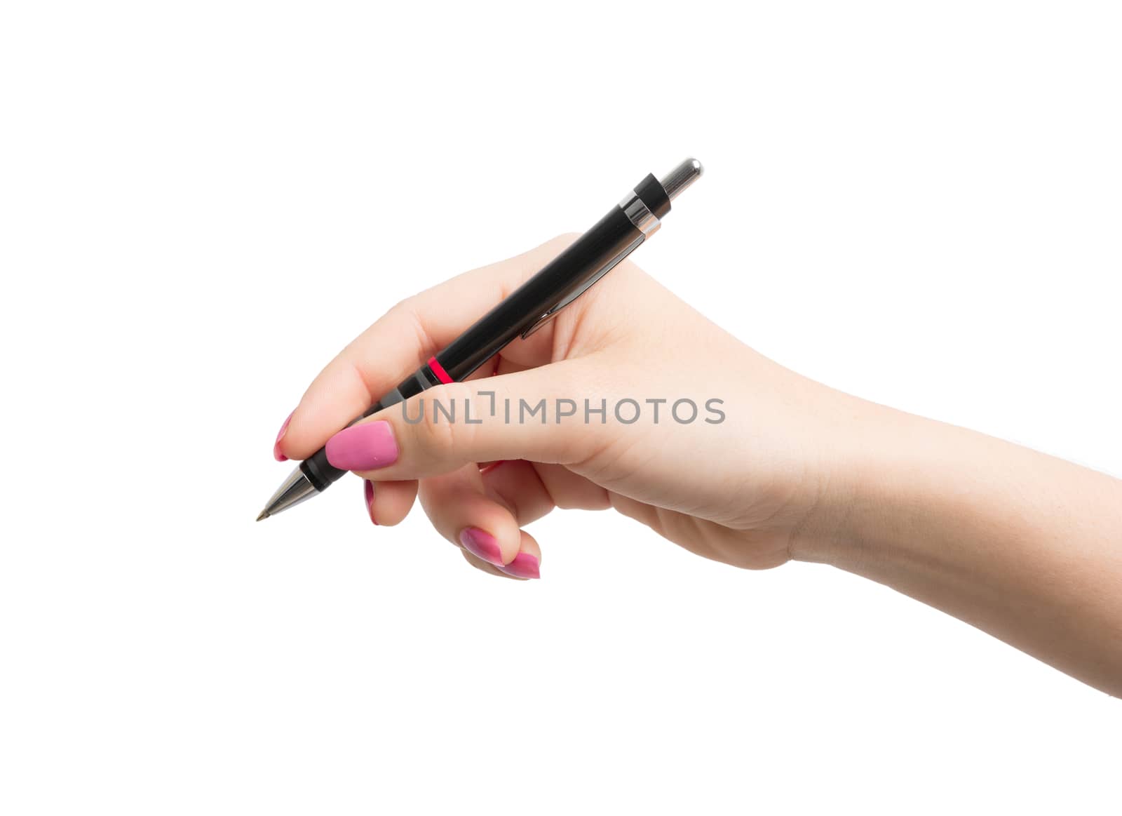 Hand holding black pen isolated on over white background