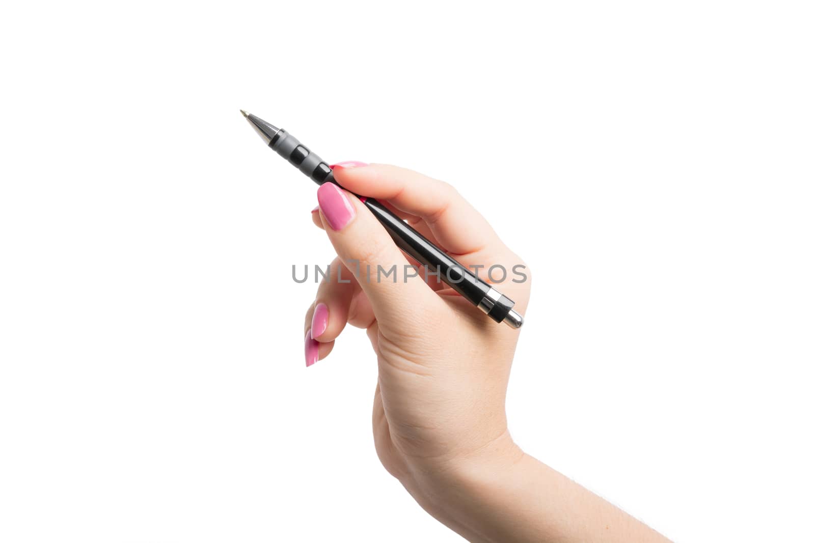 Hand holding black pen isolated on over white background