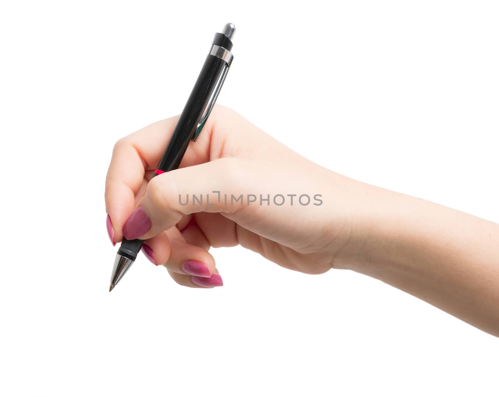 Hand holding black pen isolated on over white background