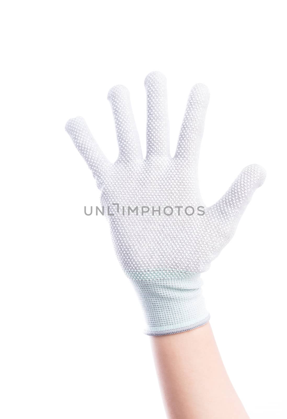 Show Hands five finger with cotton gloves isolate on white background