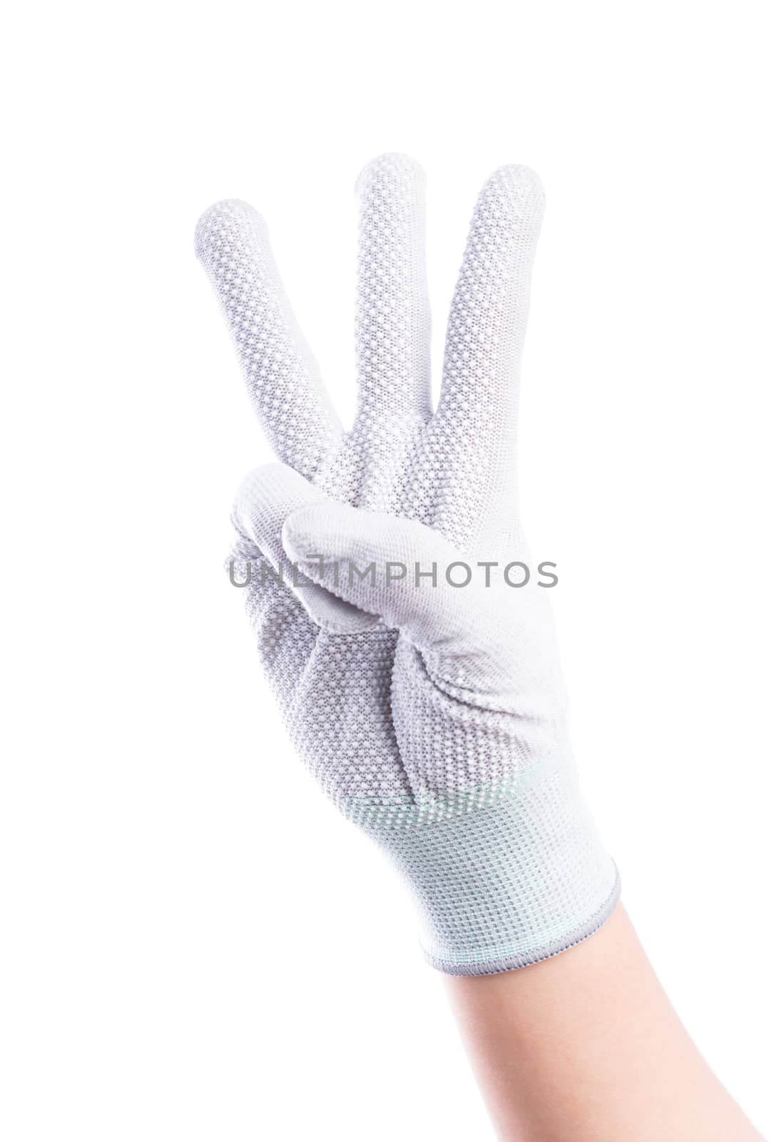 Show Hands three finger with cotton gloves isolate on white background
