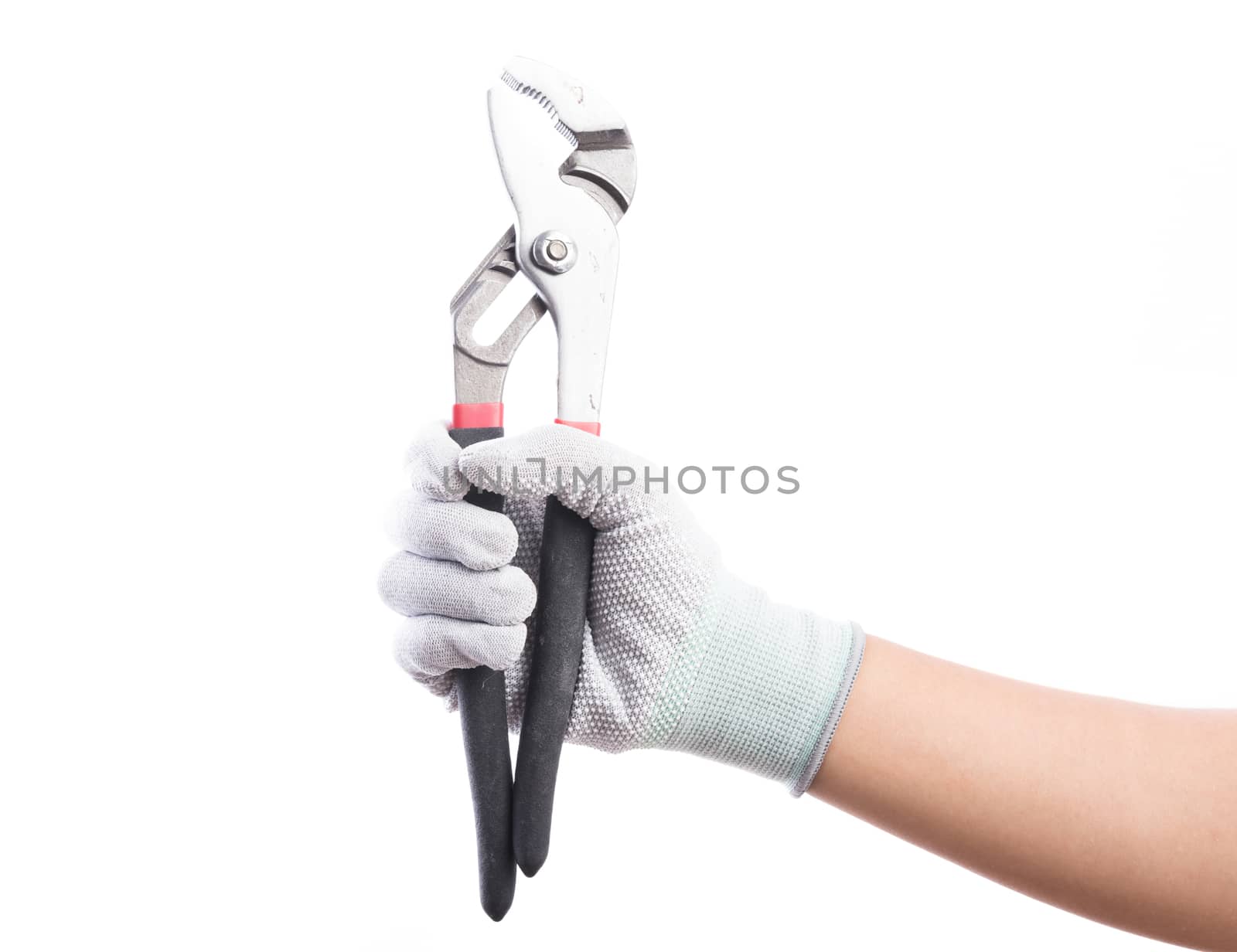 Hand gloves holding pliers. Isolated on white background