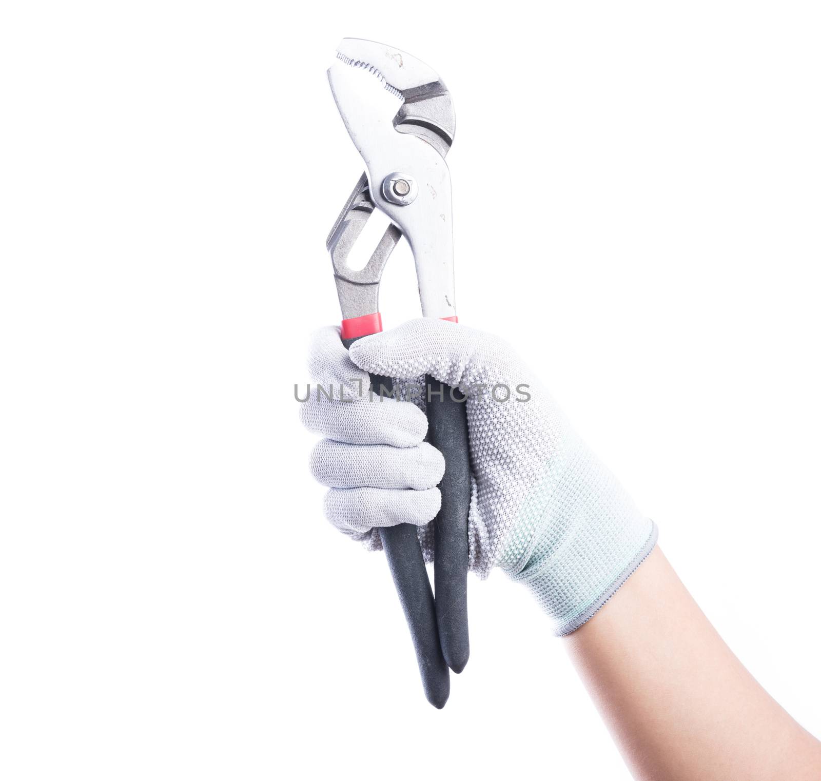 Hand gloves holding pliers. Isolated on white background