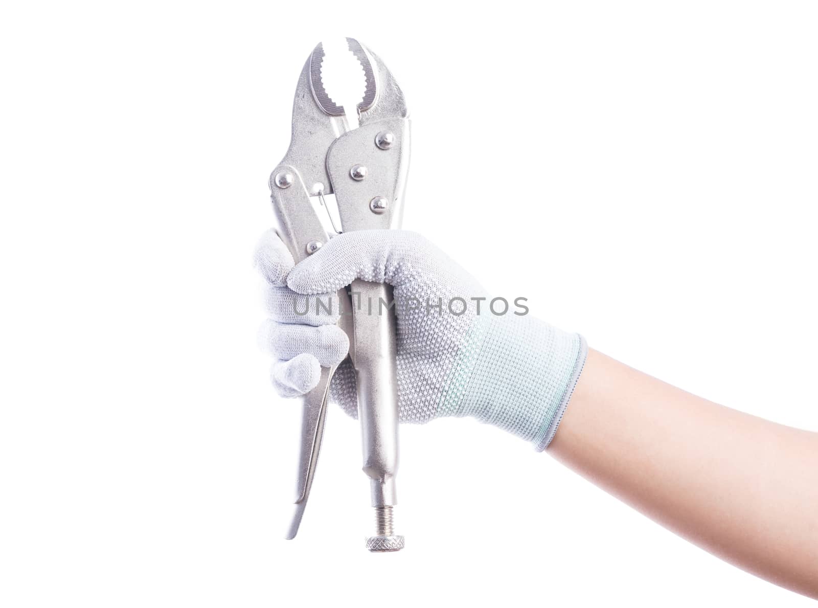 Hand gloves holding pliers. Isolated on white background