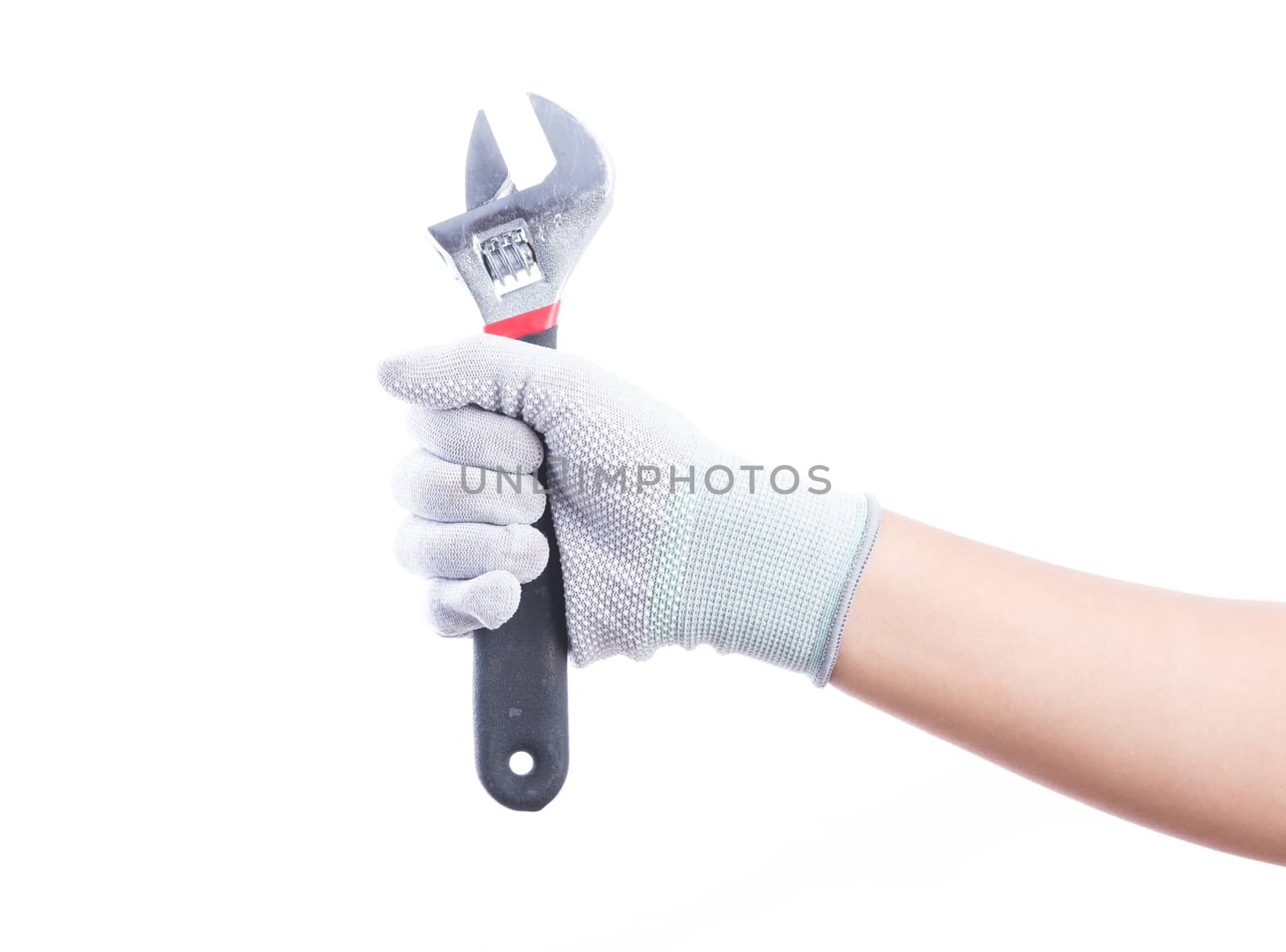 Hand gloves holding pliers. Isolated on white background