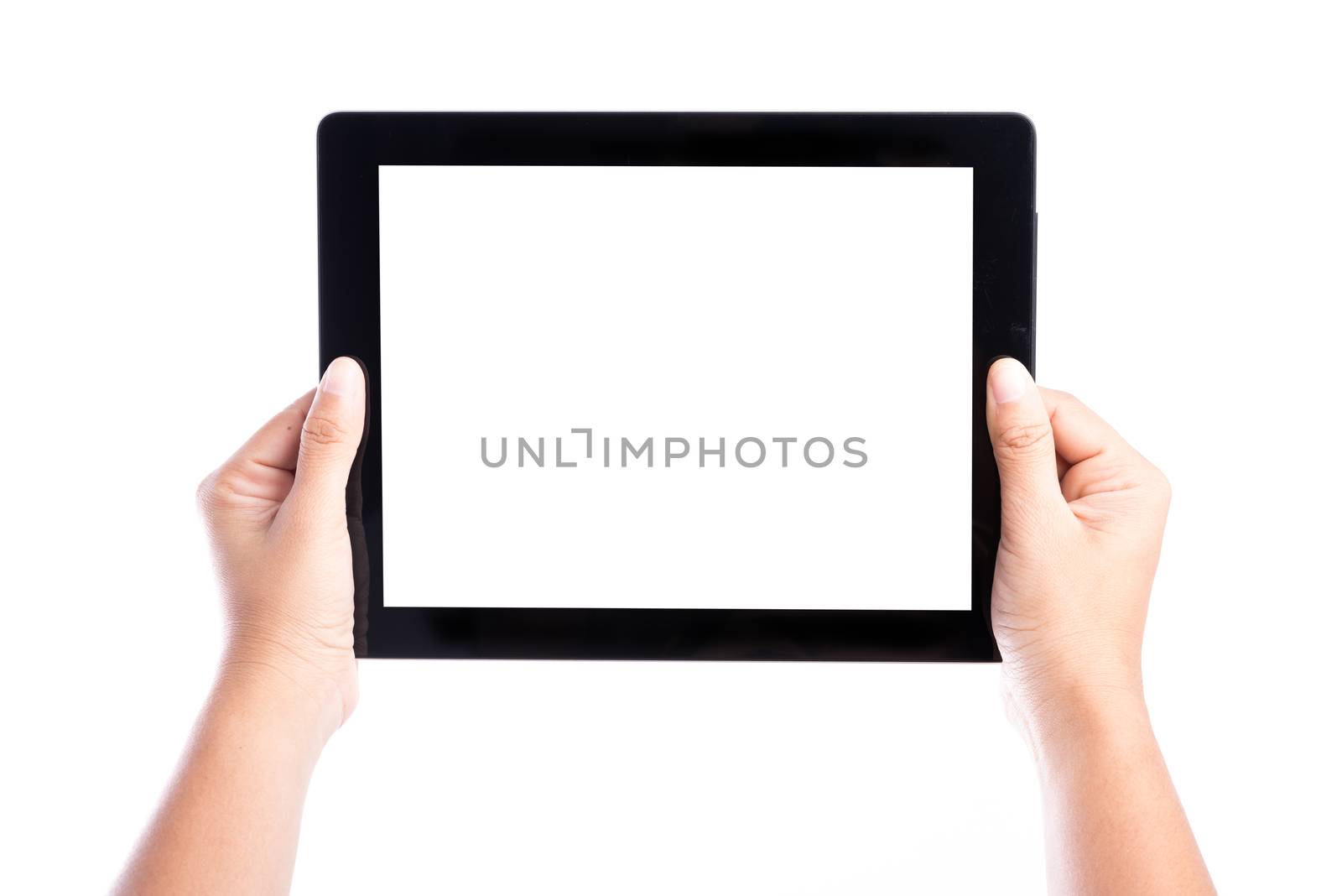 female hands holding tablet computer with isolated screen and background
