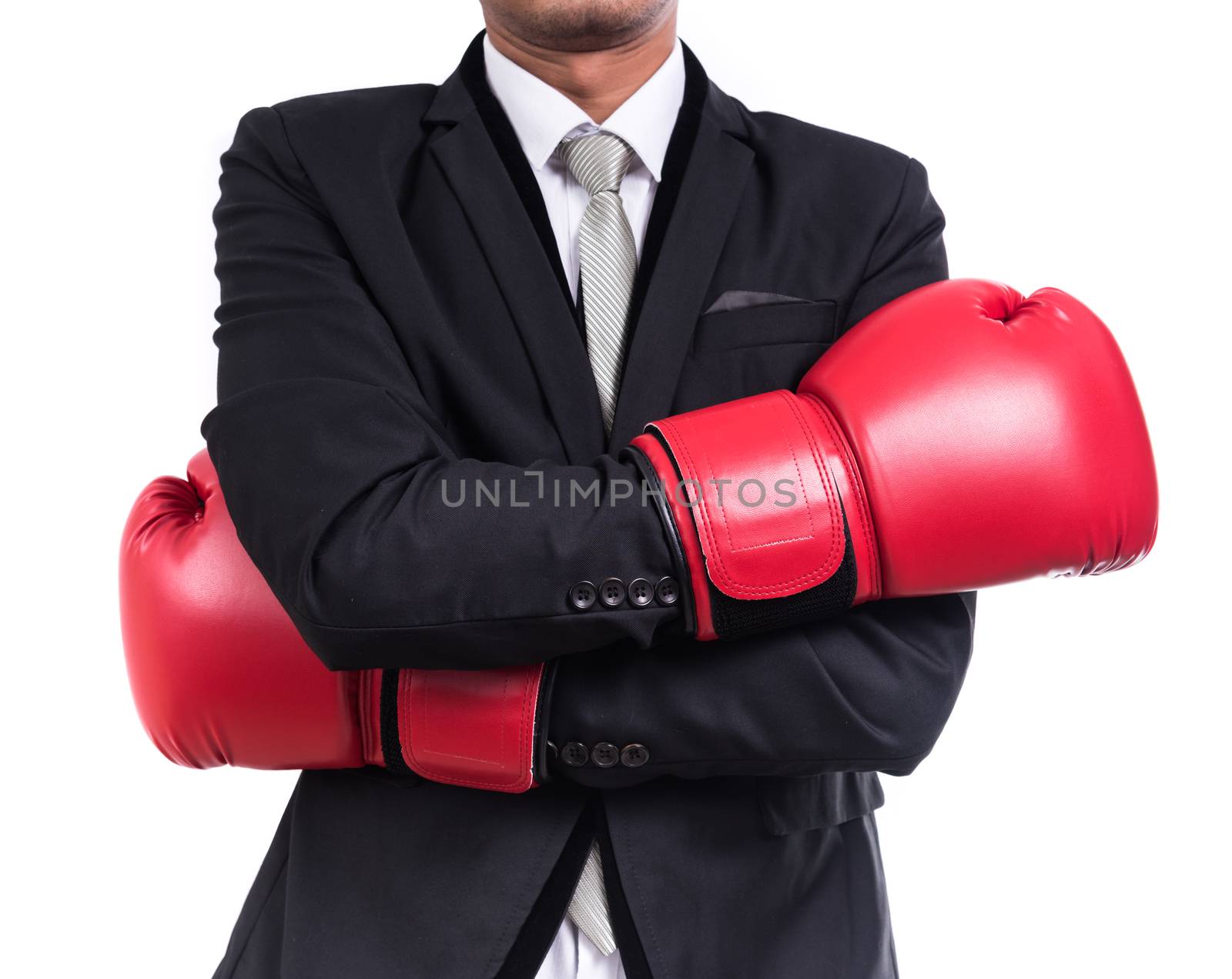 Businessman standing posture with boxing gloves isolated on white background