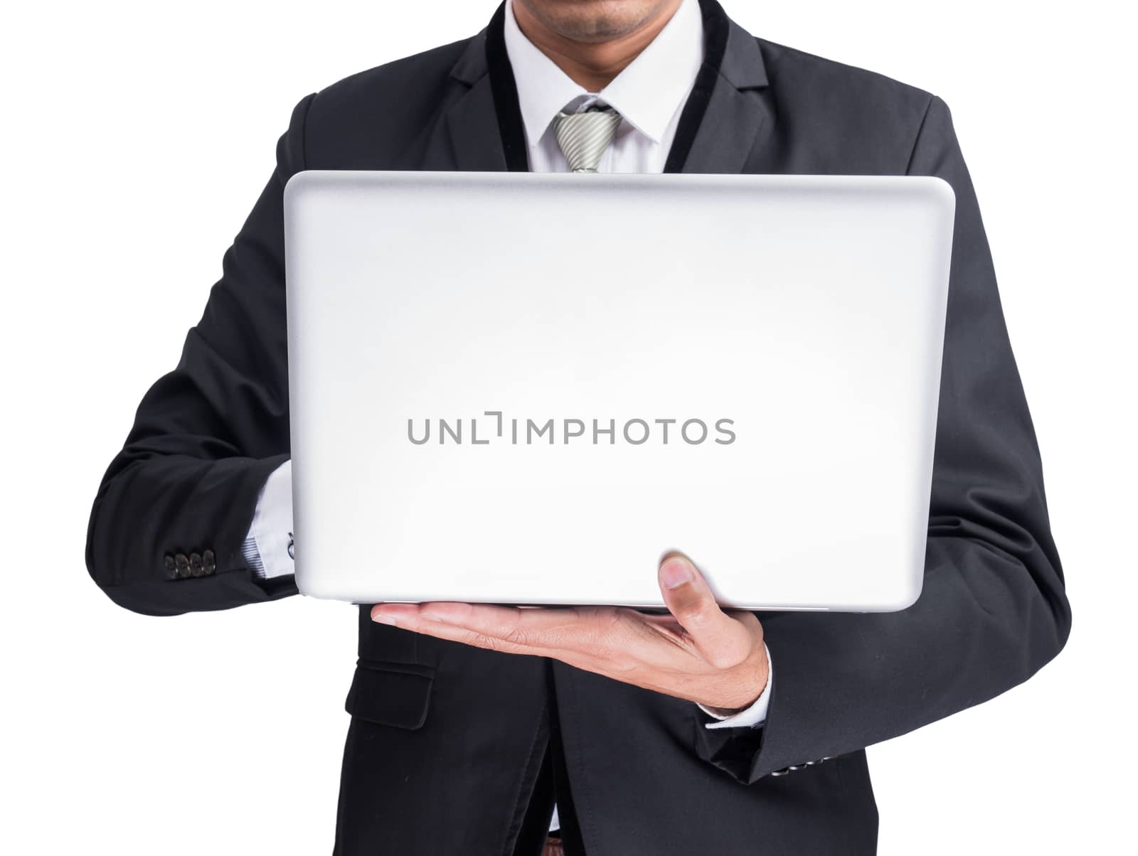 Yong businessman holding laptop isolate on white background