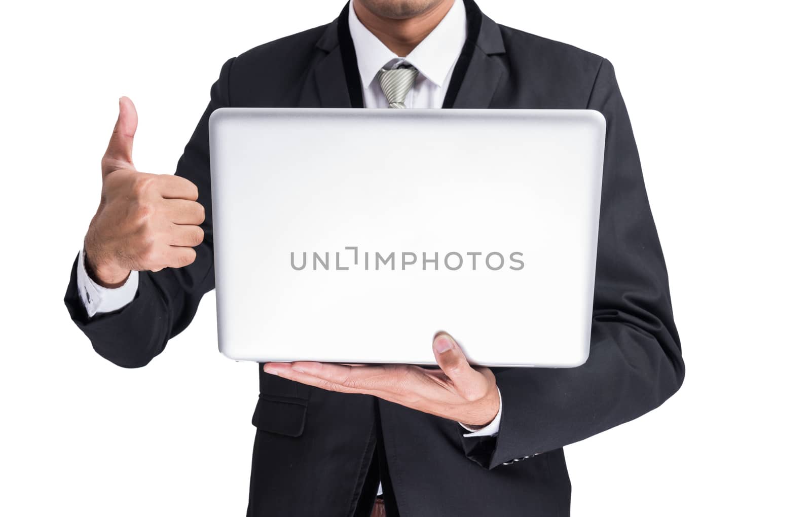 Yong businessman holding laptop isolate on white background