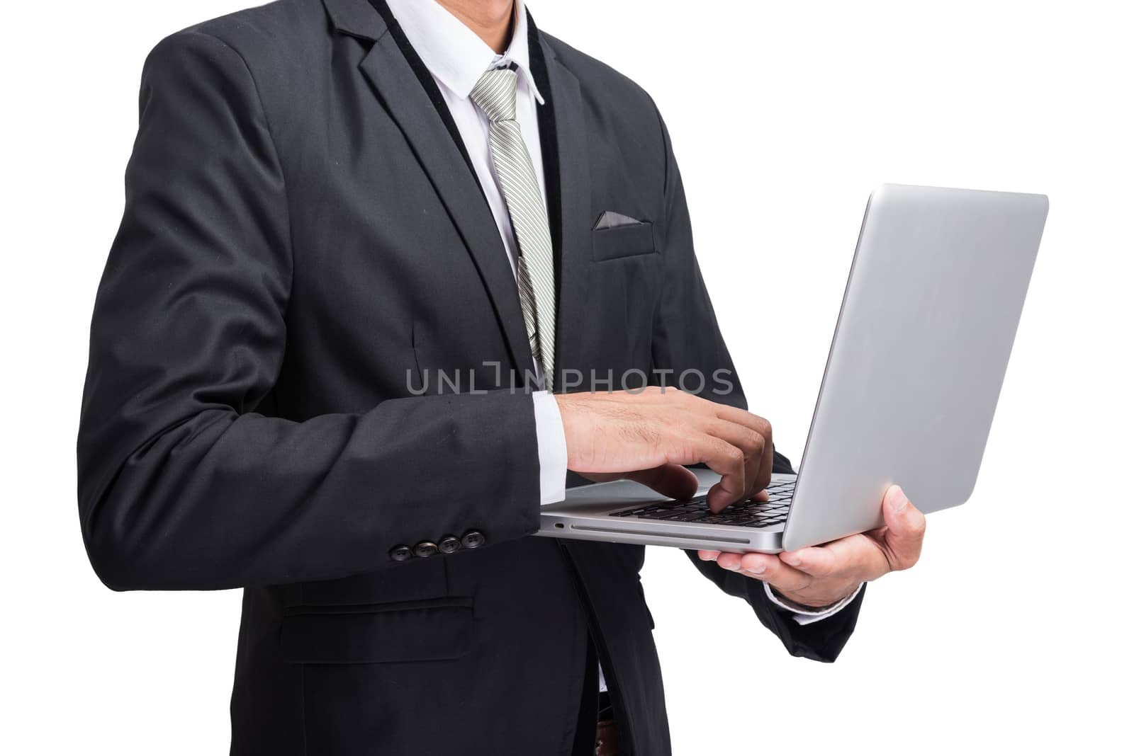 Yong businessman holding laptop isolate on white background